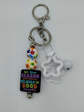 Handcrafted Inspirational Floral Keychain/Bag Charm - White, Black & Multicolor